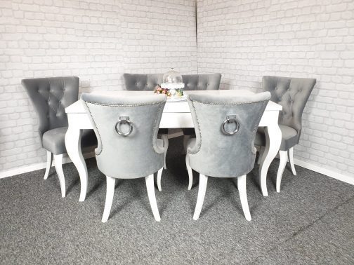 Stół z krzesłami Dubai Ludia stół biały Massimo krzesł tapicerowane z kołatką Dubai szare
