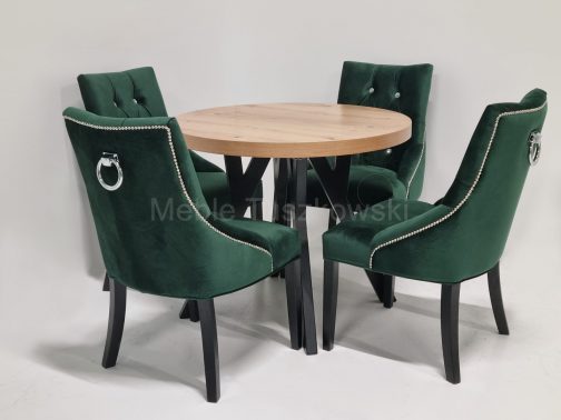 Krzesło tapicerowane z kołatką Bari butelkowa zieleń stół okrągły z krzesłami