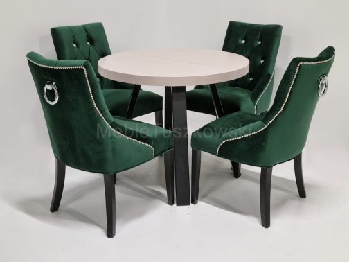 Krzesło tapicerowane z kołatką Bari butelkowa zieleń stół okrągły z krzesłami