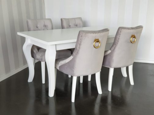 Krzesło tapicerowane z kołatką Bari szara tapicerka białe nogi złota kołatka stół z krzesłami