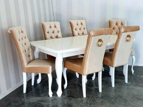 Stół z krzesłami Valencia 3 stół biały drewniany krzesła tapicerowane Valencia