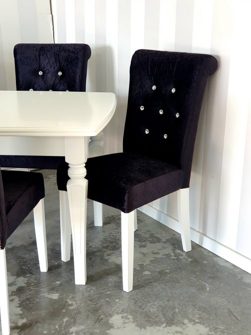 Stół z krzesłami Porto 1 stół biały rozkładany krzesła tapicerowane czarne Porto