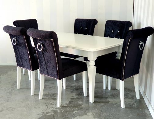 Stół z krzesłami Porto 1 stół biały rozkładany krzesła tapicerowane czarne Porto