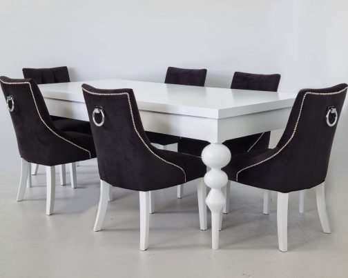 Stół drewniany na nogach toczonych + krzesła tapicerowane Bari