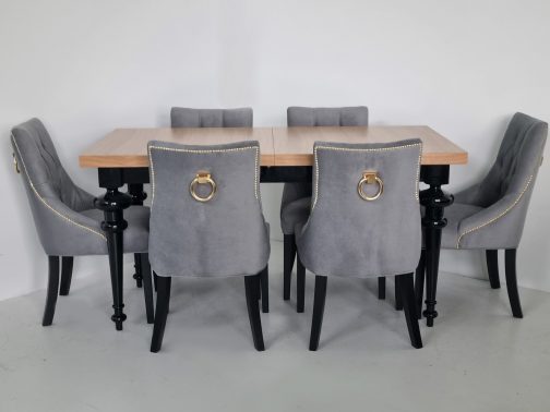 zestaw bari stół orlando czarny krzesła tapicerowane z kołatką szare bari