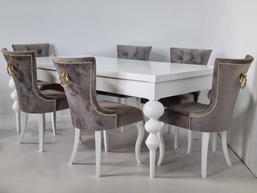 zestaw stół z krzesłami dubai stól toronto biały krzesła tapicerowane z kołatką dubai