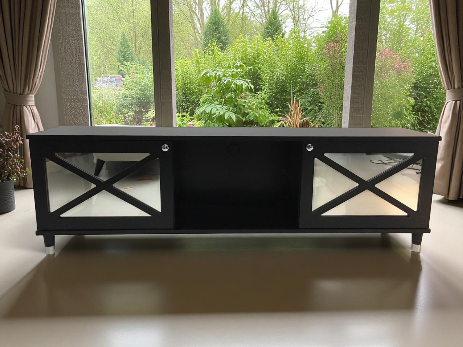 Komoda RTV Bello drewniana czarna szkło lustrzane