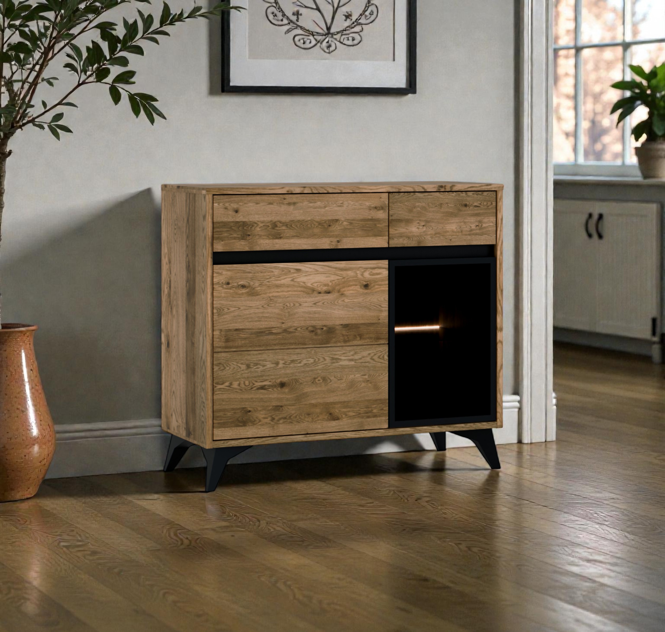 Nowoczesna komoda dębowa 100 z witryną oświetlenie LED meble lity dąb Meble Tuszkowski