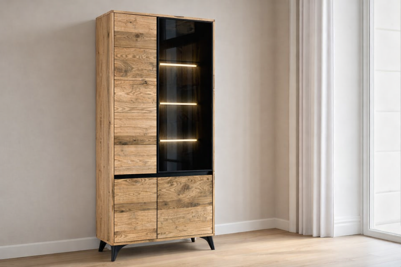Witryna dębowa przeszklona 100 oświetlenie LED lity dąb Meble Tuszkowski