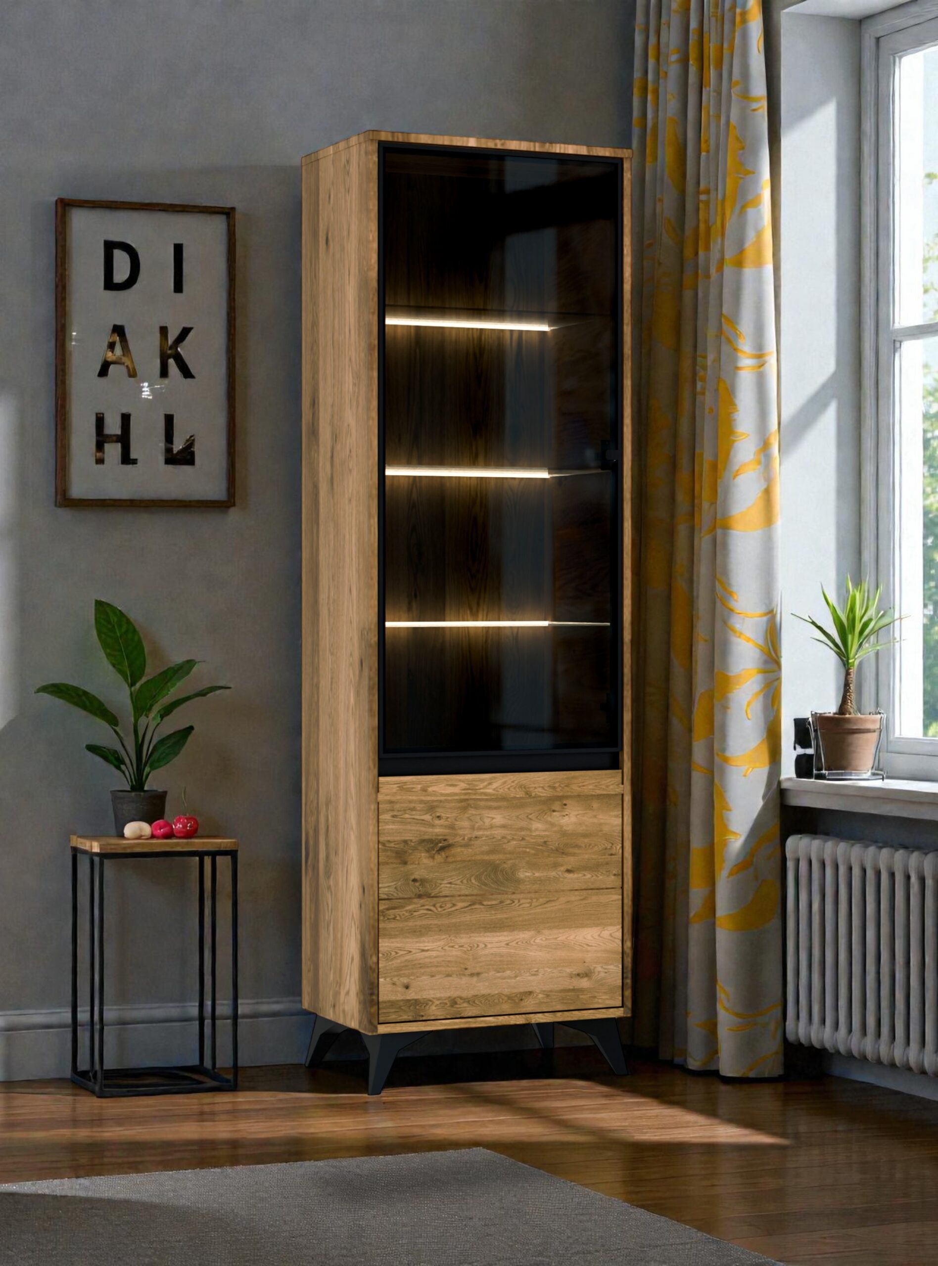 Witryna dębowa przeszklona L/P oświetlenie LED lity dąb Meble Tuszkowski