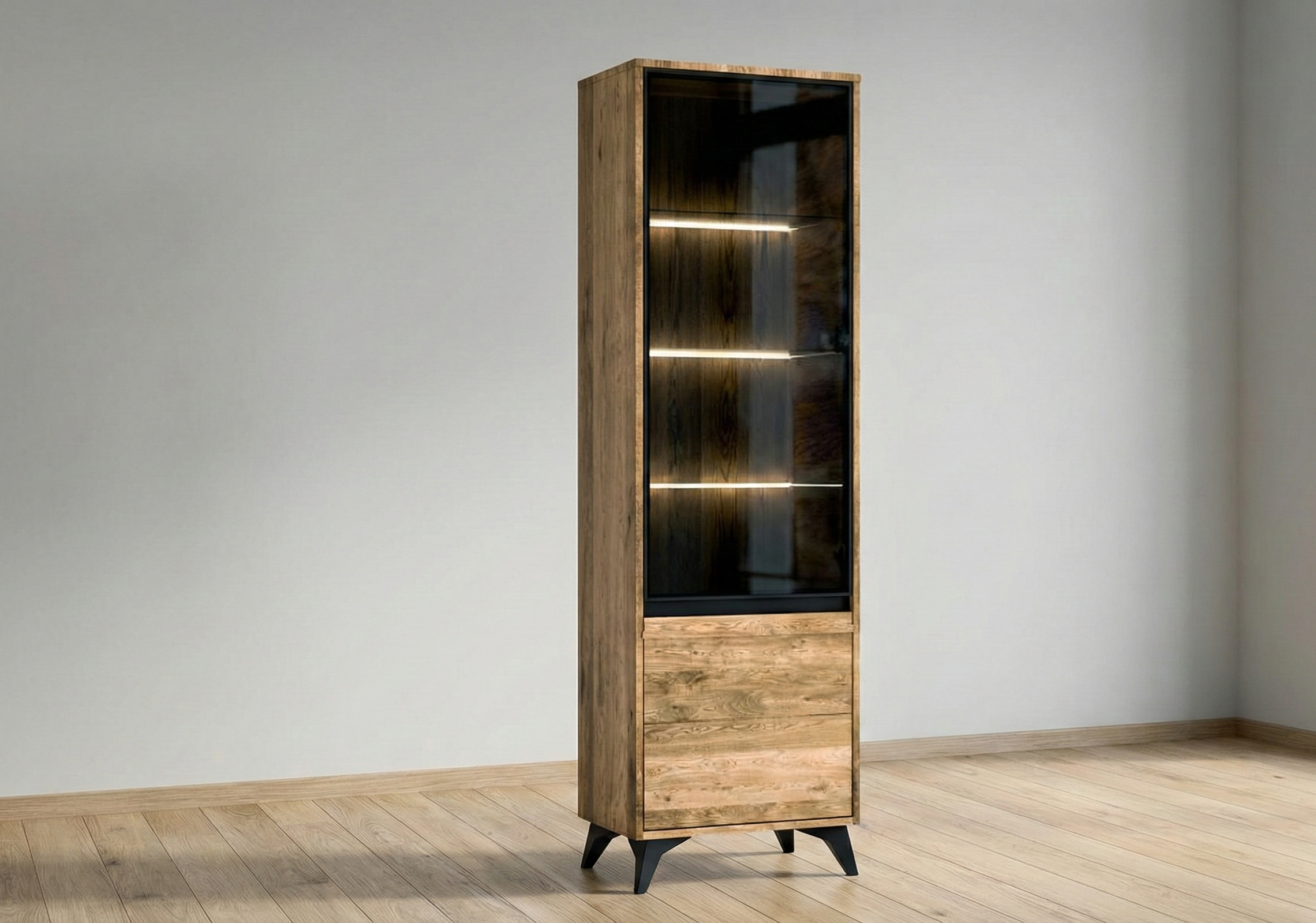 Witryna dębowa przeszklona L/P oświetlenie LED lity dąb Meble Tuszkowski