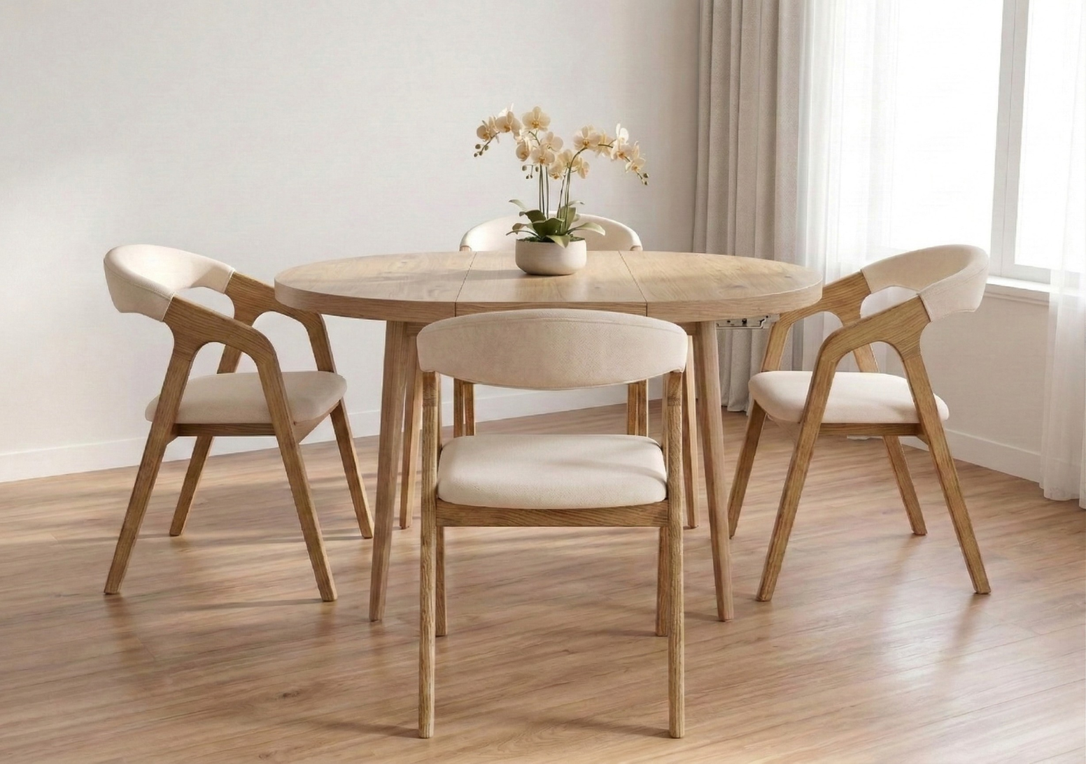 zestaw stół z 4 krzesłami stół okrągły nierozkładany i rozkładany Malmo II krzesła z podłokietnikami dębowe drewniane tapicerowane Pedro Meble Tuszkowski